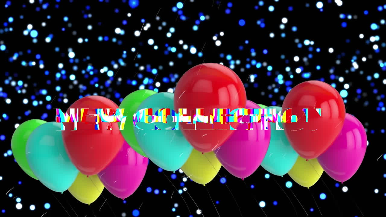 animación del texto de la nueva colección sobre globos y puntos sobre fondo negro