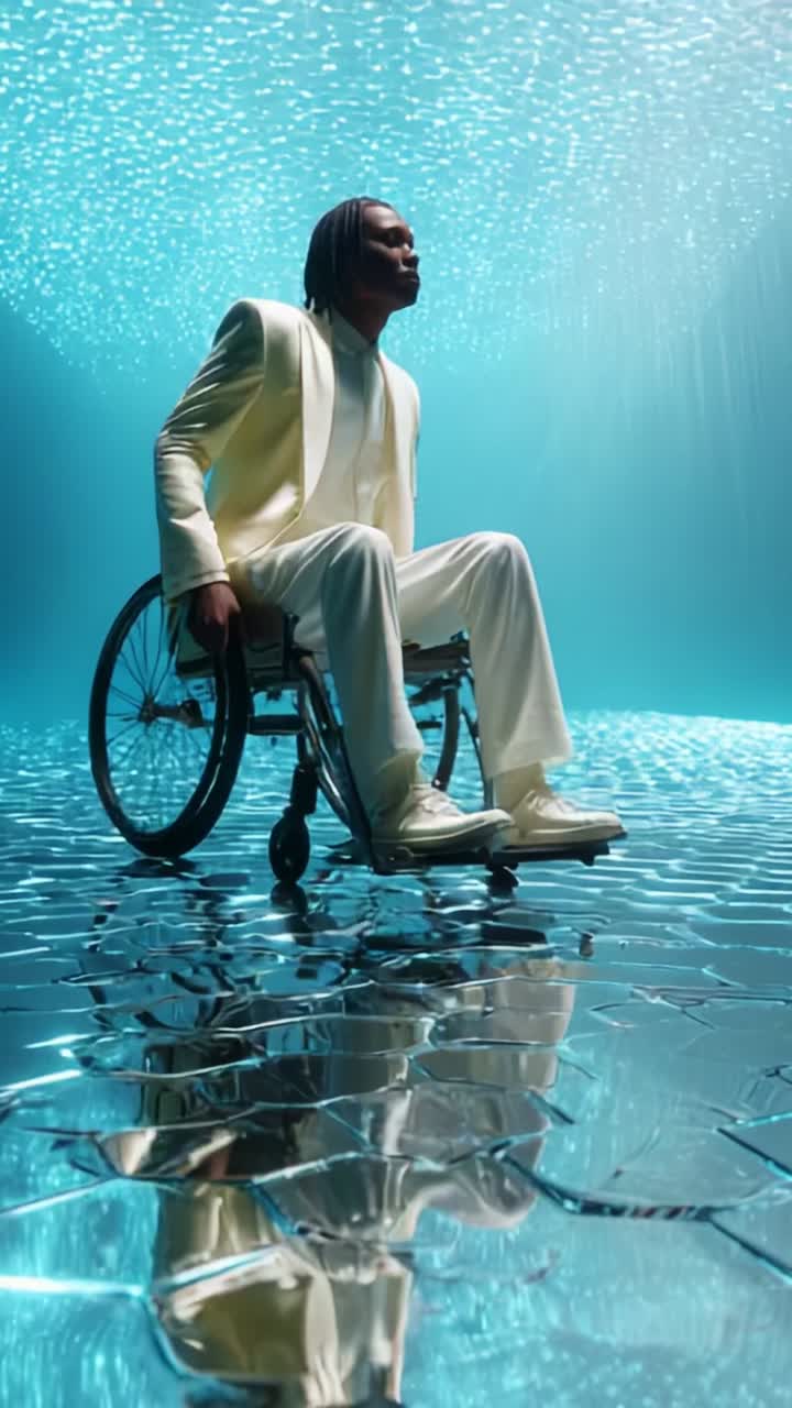 A confident individual in a wheelchair, sporting a stylish white suit and seated against a shimmering blue background, radiates empowerment and resilience