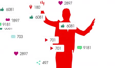 Composition of social media text, icons and data over woman&#039;s silhouette using screen