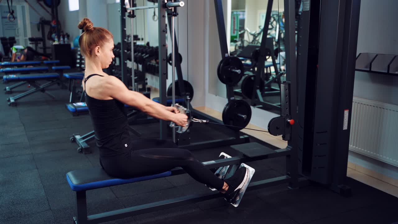 Slender woman with topknot in sports leggings and top performs an exercise on the rowing simulator on the background of sports equipment in the gym.