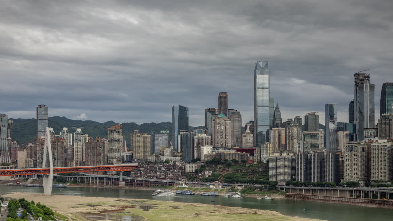Timelapse of the amazing Chongqing cyberpunk city skyline reflected in a pool at night
