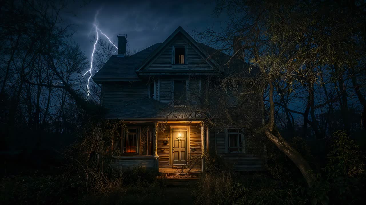 Blitzeinschlag in ein zweistöckiges Holzhaus bei Nacht, der Verandalichter und Bäume während eines Sturms beleuchtet
