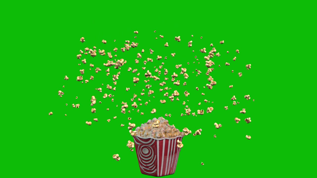 Popcorn che scoppiano da una scatola di popcorn su schermo verde, animazione 3D.