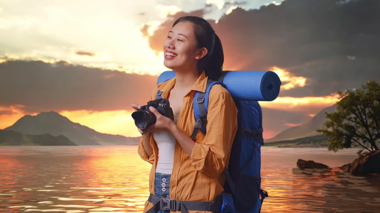vista lateral de una excursionista asiática con una mochila de montañismo sonriendo y sosteniendo una cámara en sus manos luego mirando a su alrededor mientras está de pie en un lago durante la hora del atardecer