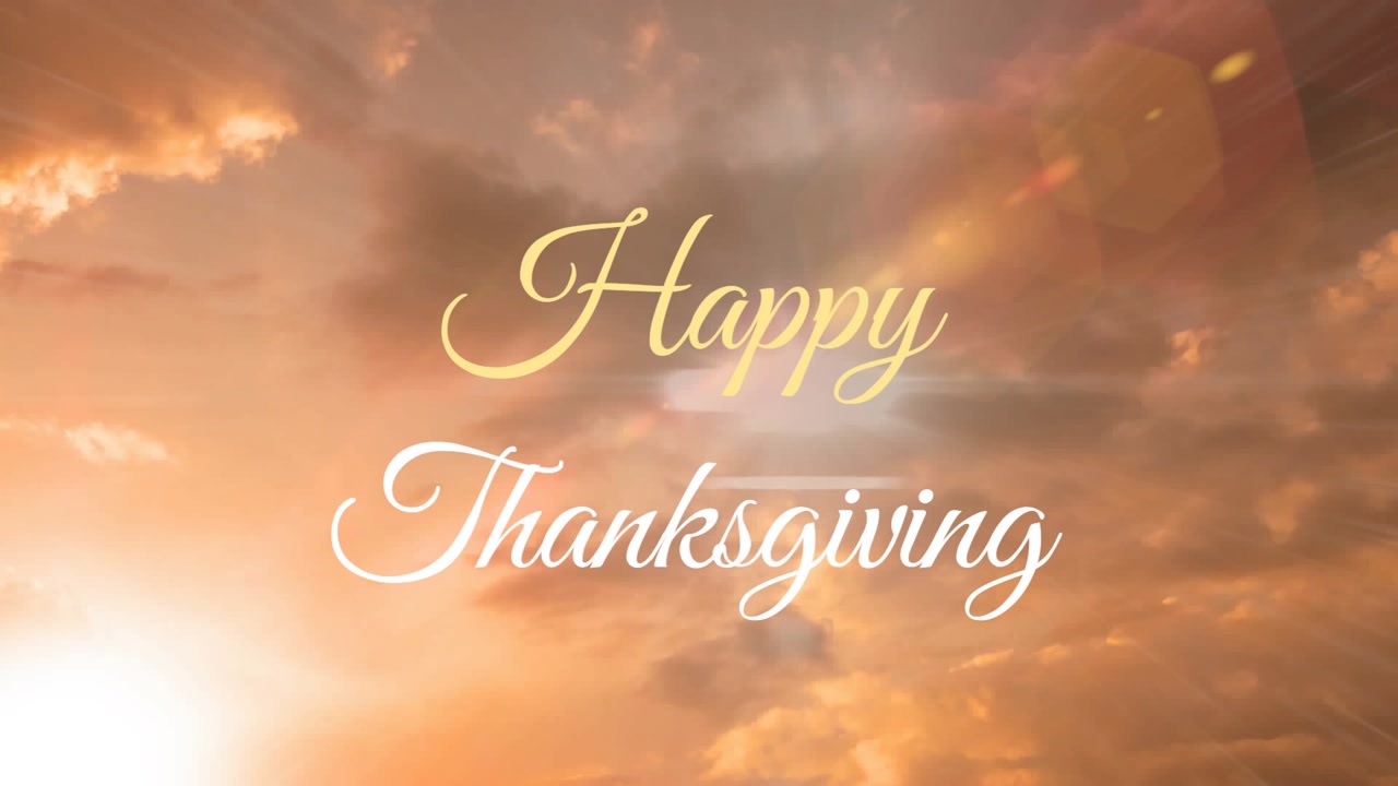 Animation of happy thanksgiving text over sky with clouds