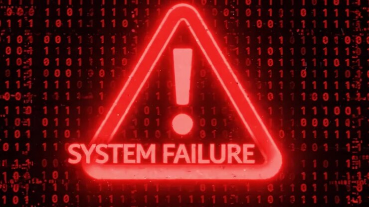 Cautionary Alert: A Visual Representation of System Failure with Glowing Red Triangular Sign and Text Against a Background of Digital Binary Code