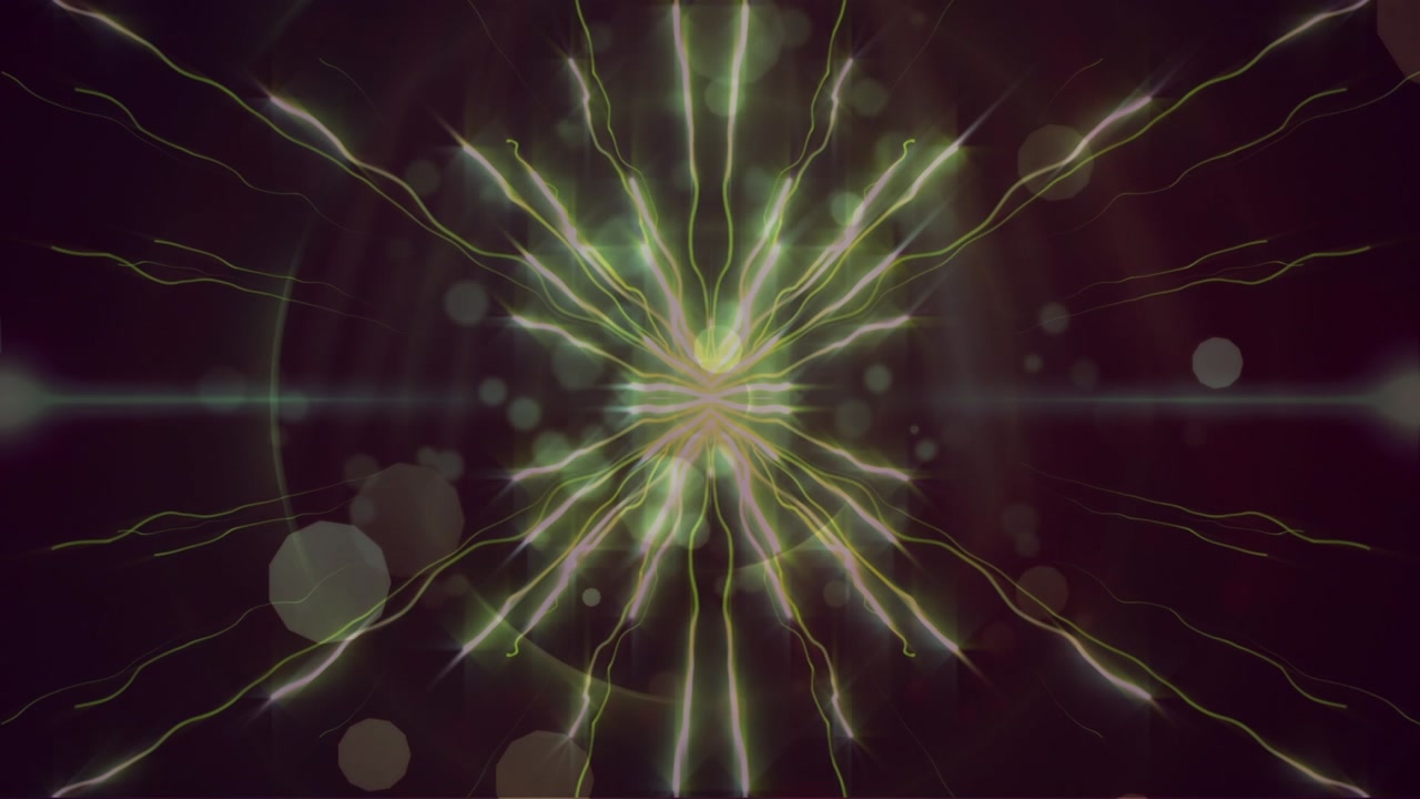 Digital animation of light trails and colorful spots of light against purple background