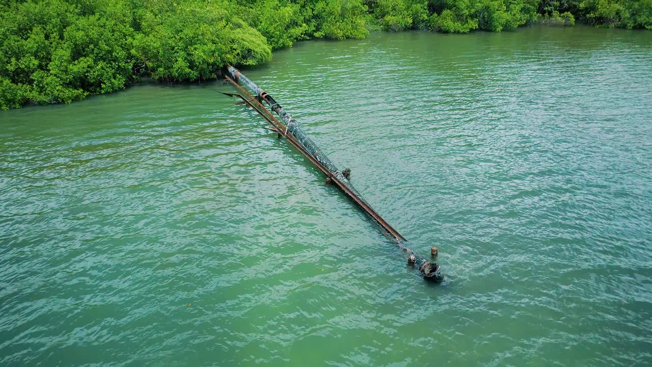 녹슨 새는 파이프가 맹그로브 숲으로 둘러싸인 호수로 흘러 들어가 하수를 버리는 공중 샷을 닫습니다