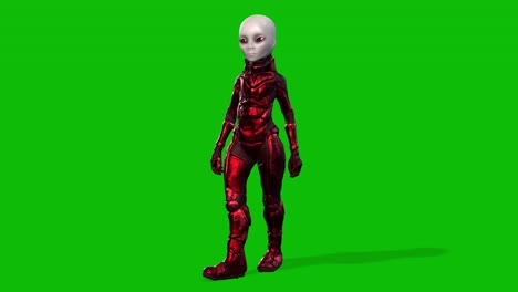 grey female alien wearing a space suit walking carefully on green screen, seamless loop 3d animation