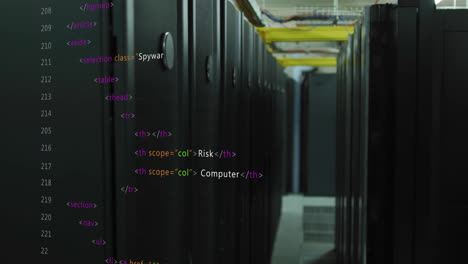 computer code animation over server racks in data center