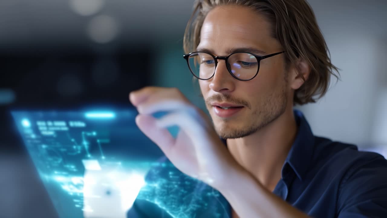 Manden betragter en glødende digital grænseflade med roligt fokus. Fingre svæver nær en virtuel skærm, hvilket antyder interaktion. Baggrunden er blødt sløret og understreger futuristisk teknologi.
