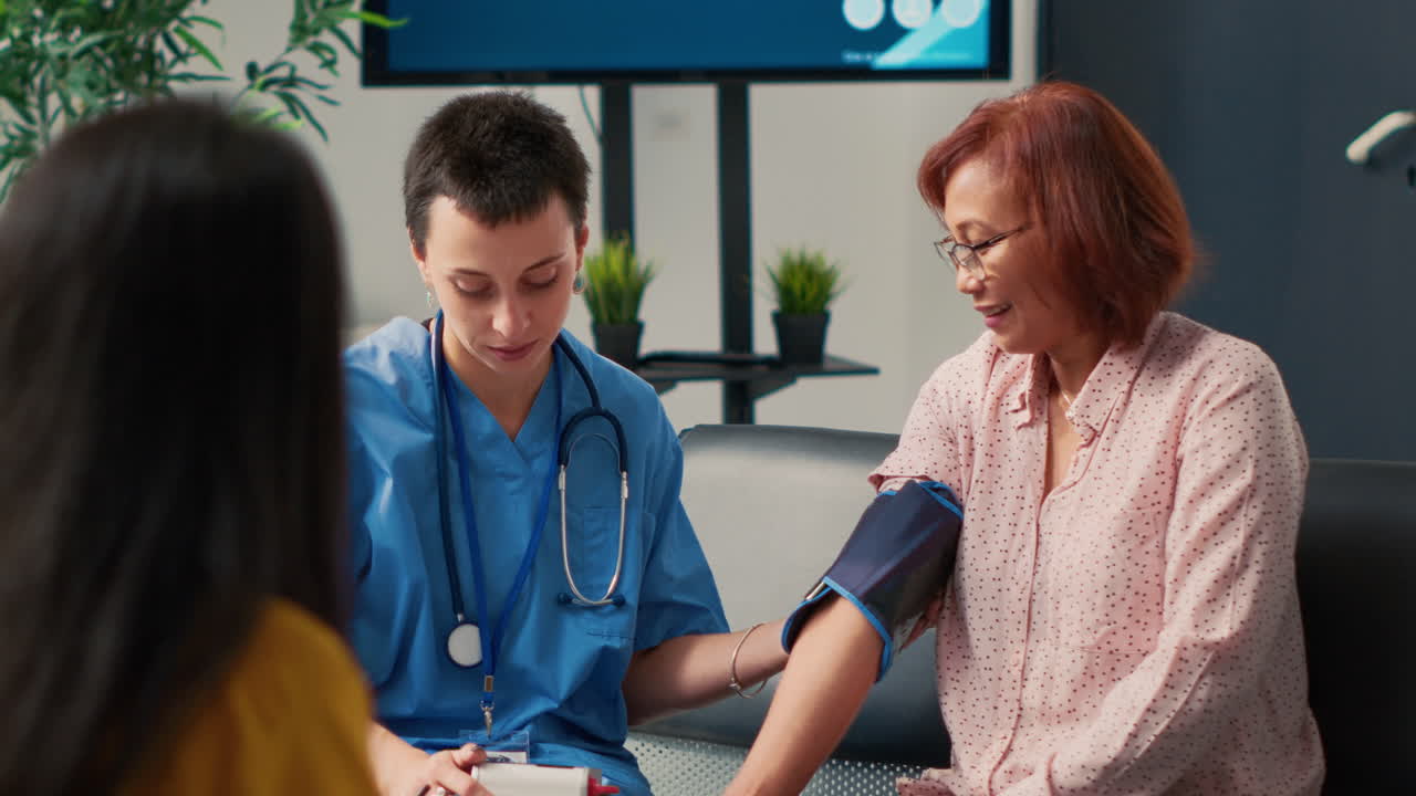 Nurse Checking Blood Pressure of Elderly Woman in Waiting Room