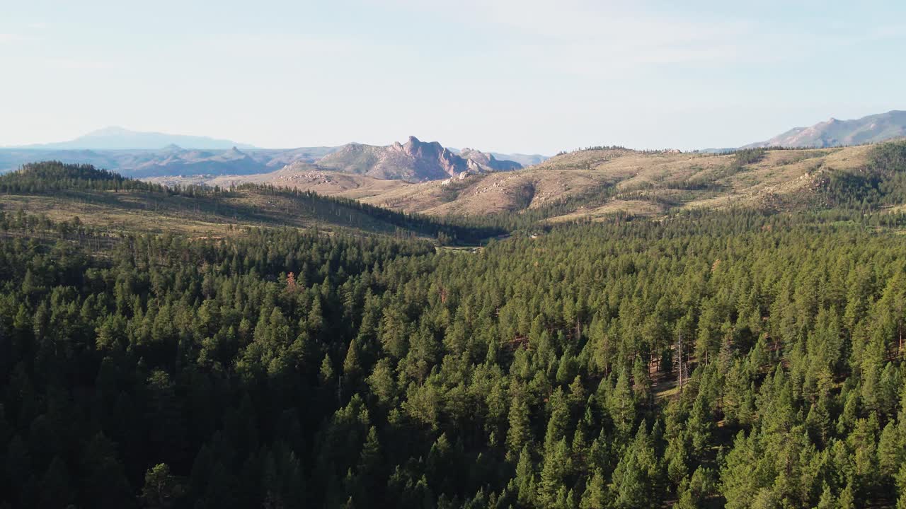 A slow sunset drone flight over a remote mountain forest with wilderness area, old forest fire scars and rocky cliffs in the distance. Filmed in the Pike National Forest of Colorado