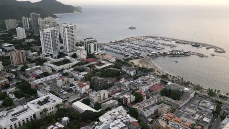 aerial panoramic above yacht marine port in santa marta colombia seaside town in caribbean sea, travel destination