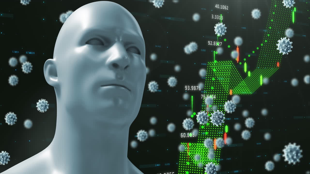 animación de la cabeza humana digital sobre las células del coronavirus flotando