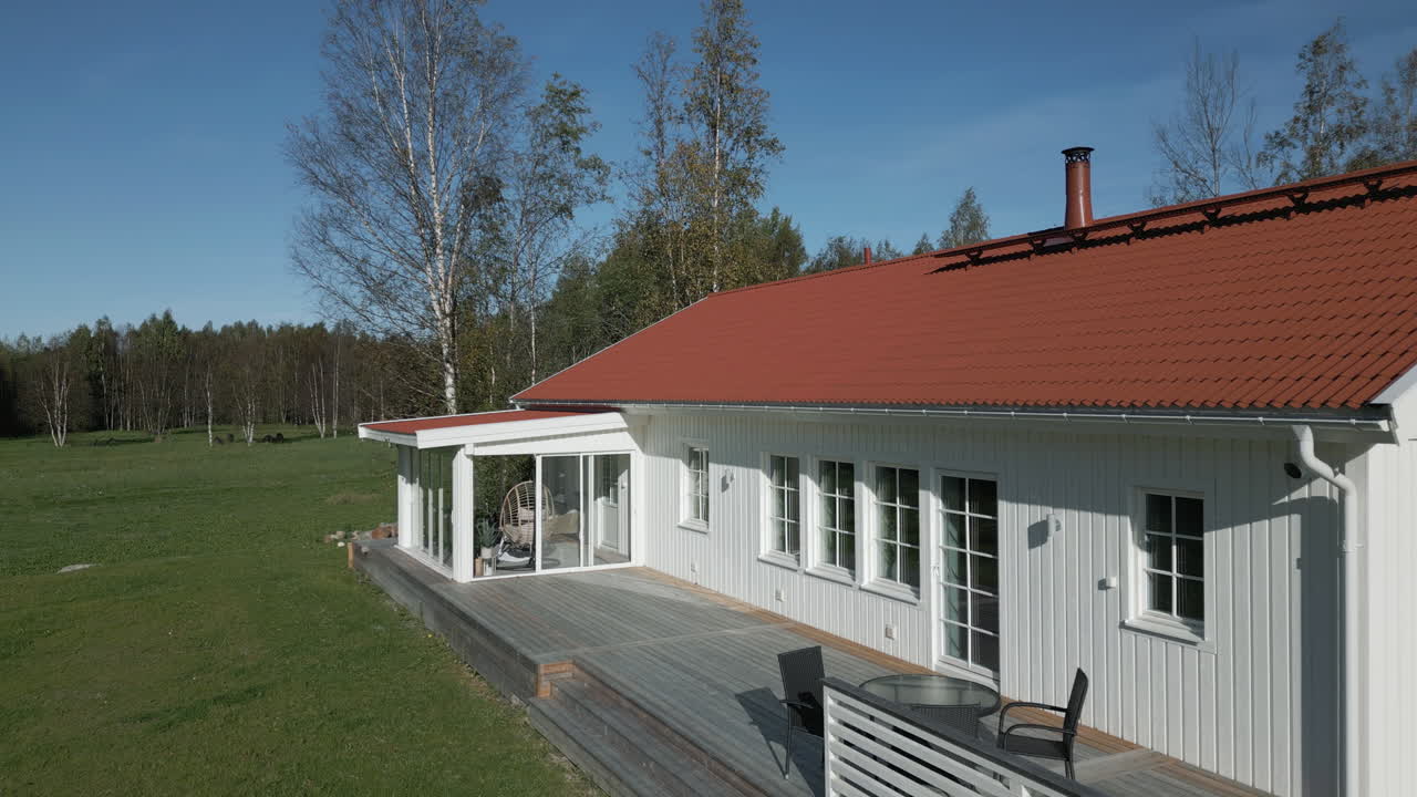 A white Scandinavian house with a red roof sits by a green field on a sunny day