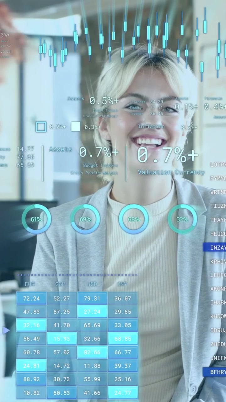 Video verticale: Donna che si gira e annuisce in ufficio mentre una collega mostra un tablet, con grafici finanziari fluttuanti.
