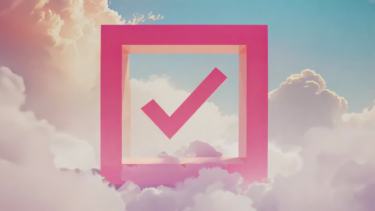 Shifting clouds causing magenta 3D square frame staying centered in pastel sky, small check fading