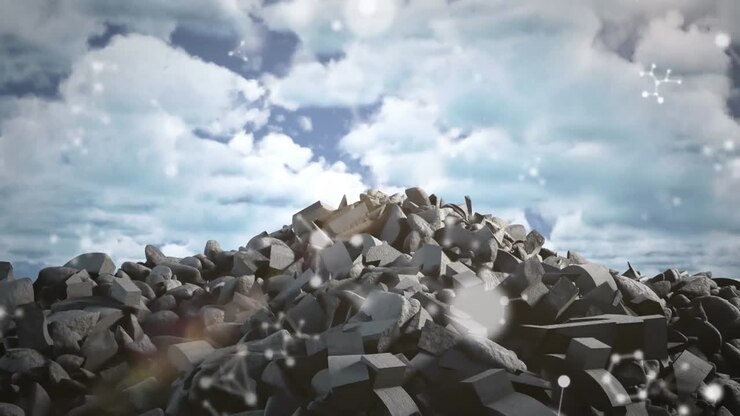 Molecular structures floating against broken rocks against clouds in blue sky