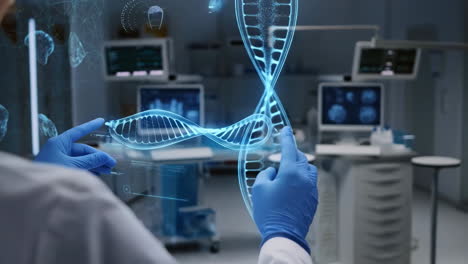 scientist interacting with holographic dna strand in research lab