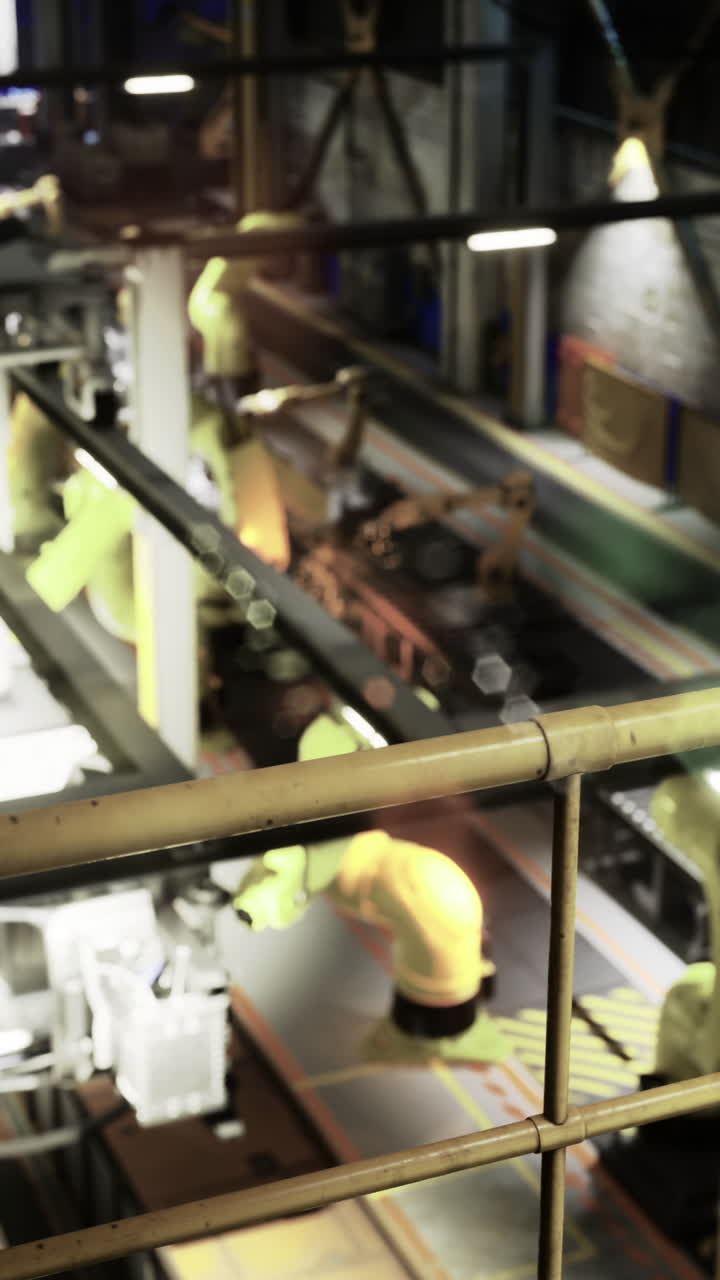 Industrirobotter arbejder i et moderne produktionsanlæg om natten.