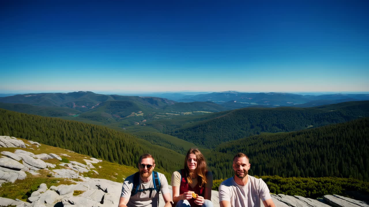 Friends enjoying a snack on a mountaintop