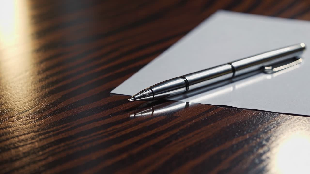 Detailní, úhlový záběr elegantního pera na papíře, odrážejícího se na leštěném dřevěném stole.
