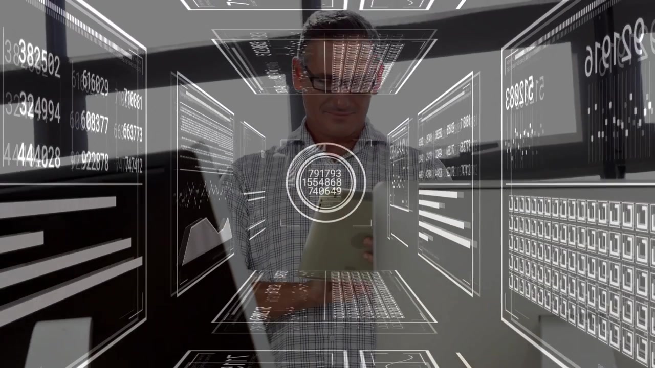 Businessman Using Tablet with Digital Data Overlay in Modern Office