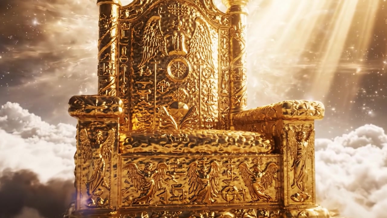 A Majestic Golden Throne Emerges from the Clouds, Illuminated by Divine Rays of Light in a Celestial Realm, Symbolizing Power and Authority