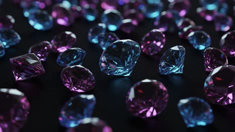 a glimmering display of radiant gems: captivating blue and purple crystals sparkle against a dark background, showcasing their brilliant cuts and luster