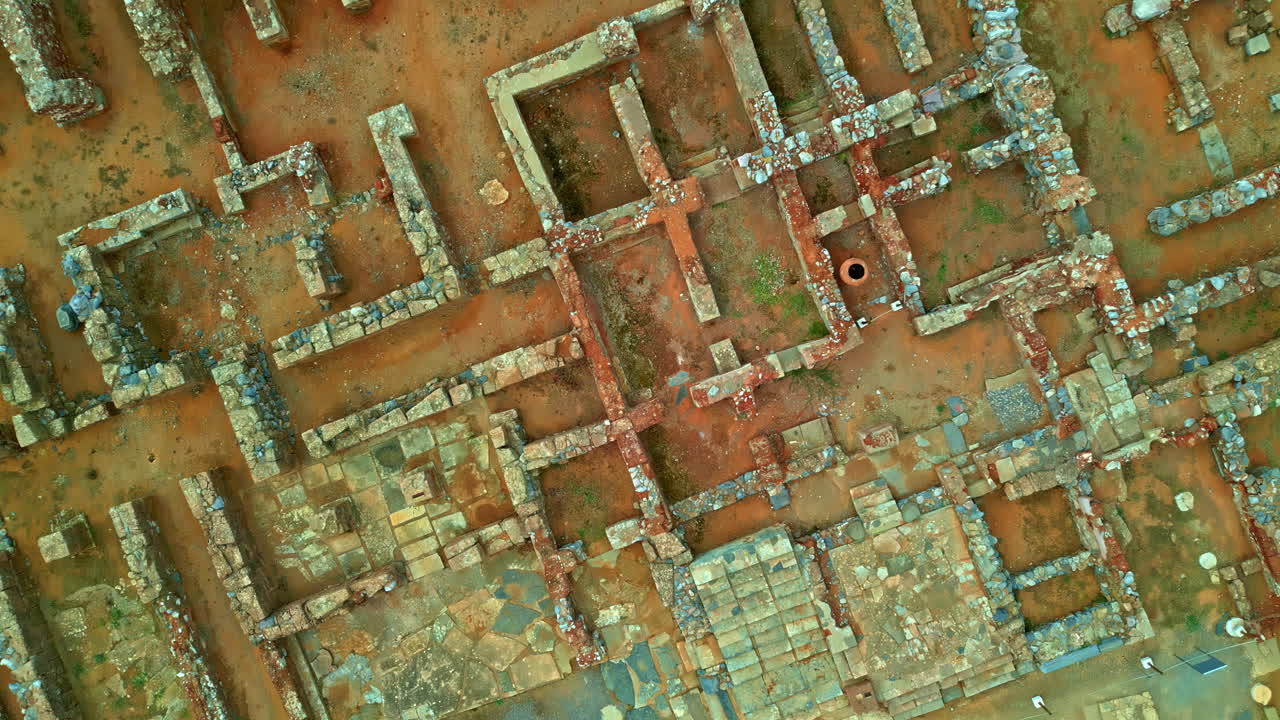 Complex stone layout of ancient Megaron palace ruinsin Crete, Greece