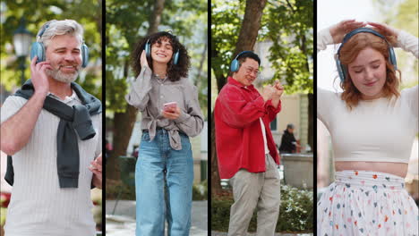 collage of happy people men dancing in wireless headphones listening energetic music on city street