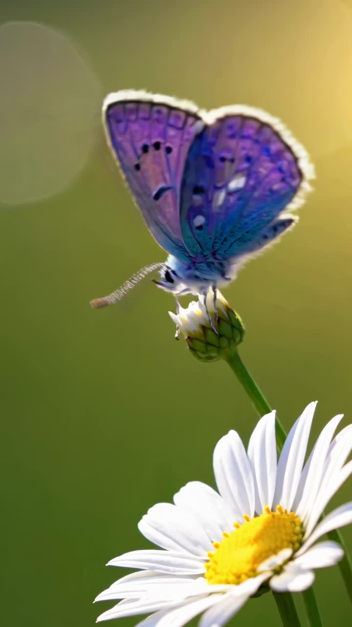Video ravvicinato di una farfalla viola su una margherita, ripreso da un angolo basso, che mette in risalto la delicatezza