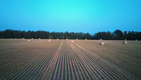 flying above the field with hay rolls sunrise.