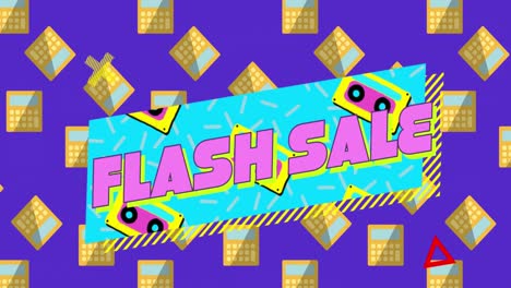 venta flash gráfico en banner azul con casetes de audio en fondo púrpura y calculadoras 4k