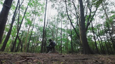 man seating on cutting wood in a forest and thinking wide view mumbai