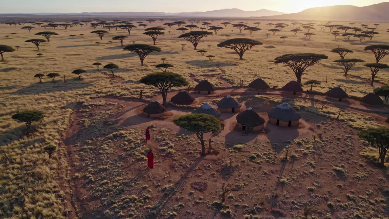 Aerial video view of a traditional village in a vast savannah landscape at sunset, showcasing round