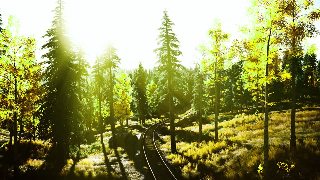 Golden sunlight illuminates a winding train track through a vibrant forest
