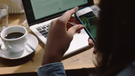 close-up-african-american-woman-using-smartphone-camera-taking-photo-of-coffee-sharing-social-media-lifestyle-enjoying-relaxing-at-home-working-on-laptop-computer-browsing-internet-connection