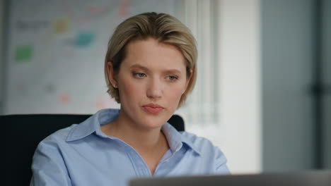 smart businesswoman creating idea sitting at office laptop close up. woman work