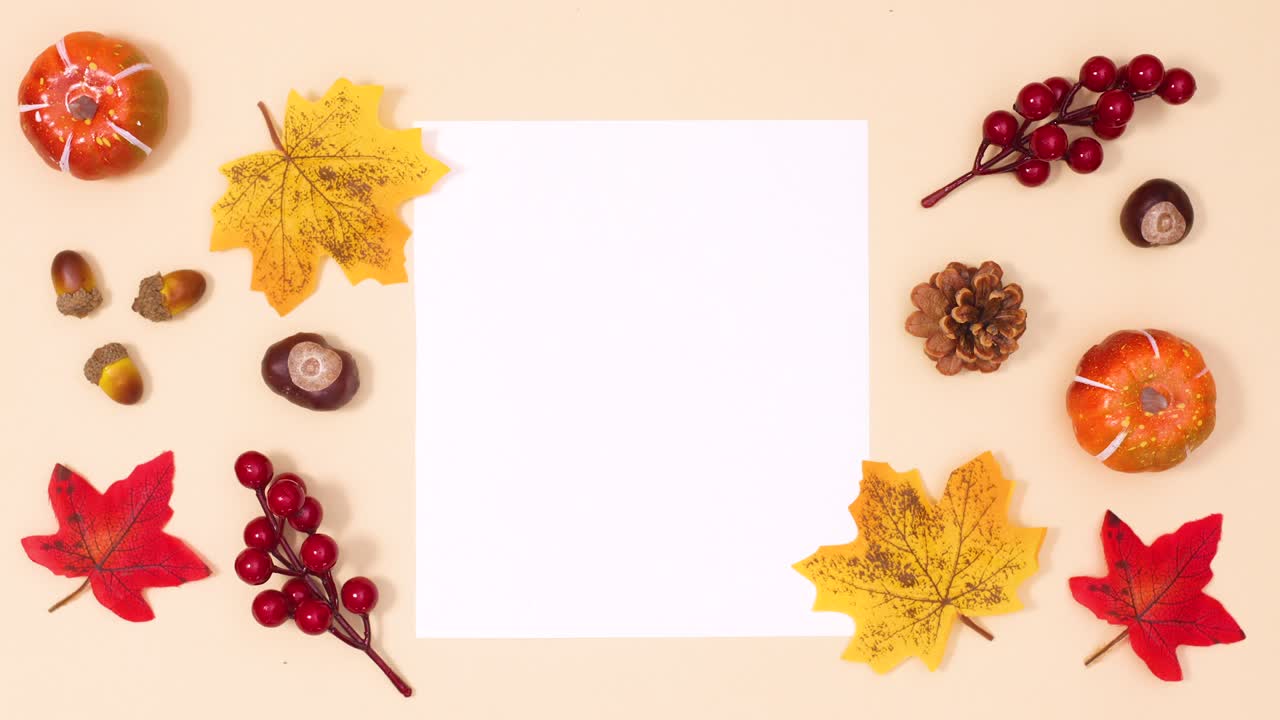 Autumn decorations and wrapped paper appear and unwrapped for text. Stop motion