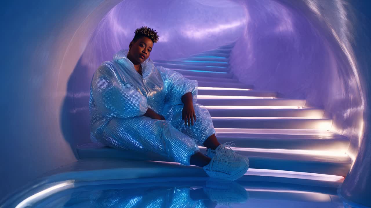 A Contemporary Portrait of a Confident Individual Seated on Stylish Steps in an Artistic, Futuristic Space, Embracing Unique Fashion and Radiating Positive Energy