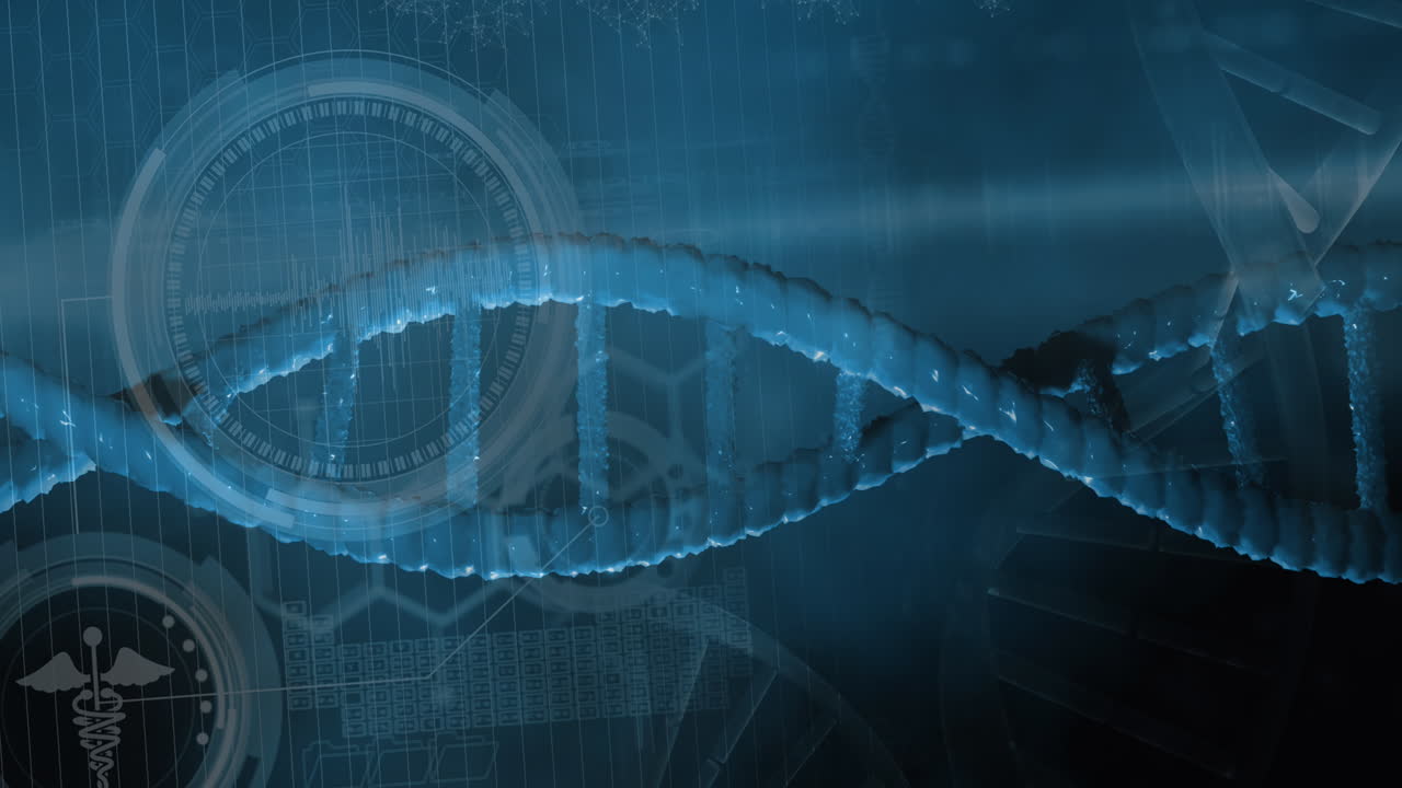 Dna structure spinning over medical data processing against blue background