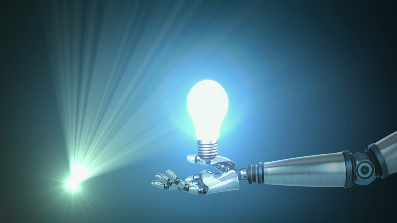 파란색 배경에 움직이는 렌즈 플레어 위에 로 ⁇  팔에 조명 된 전구의 애니메이션
