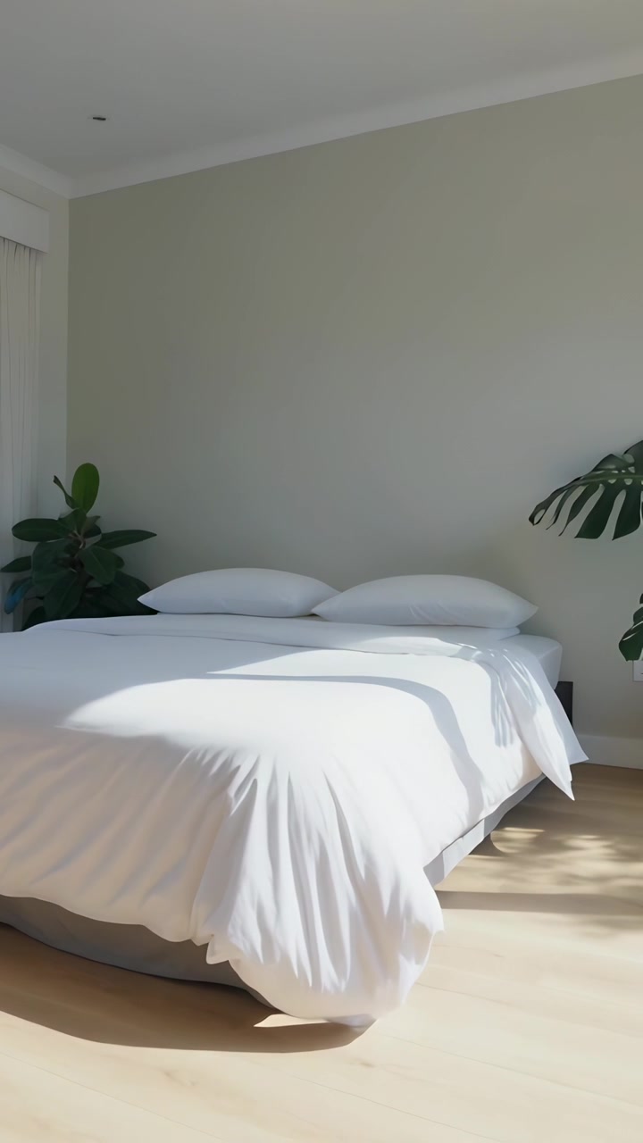 Video verticale: Telecamera che panoramica mostrando un letto a piattaforma e piante in camera da letto, con la luce del sole che si sposta sul piumone