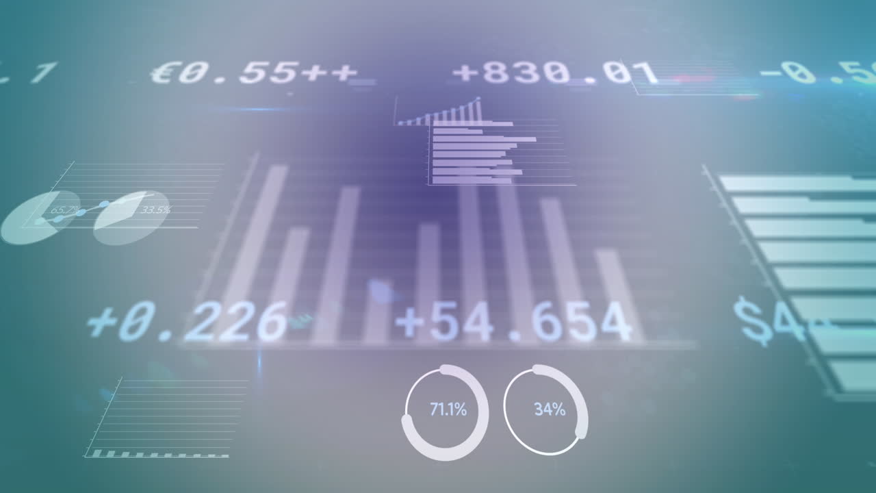 Animation of multiple graphs, loading circles over trading board lens flares on blue background