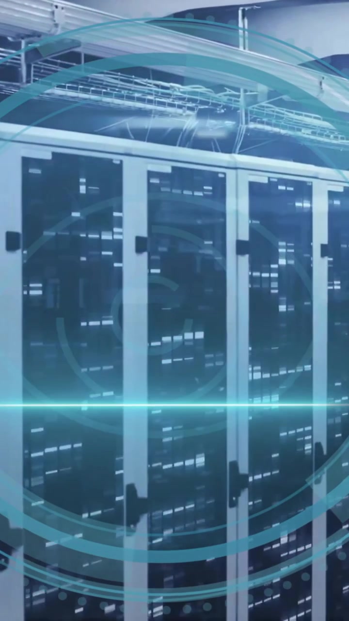 Animation of cyber security text and biometric scanner processing eye over server room
