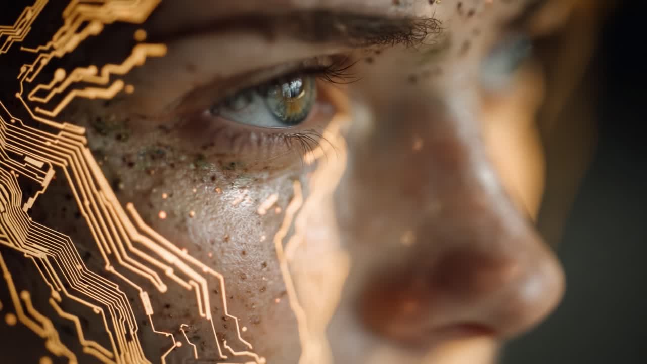 A close-up view of a person's face adorned with intricate patterns and shimmering textures, showcasing a blend of human features and technological elements in a captivating manner