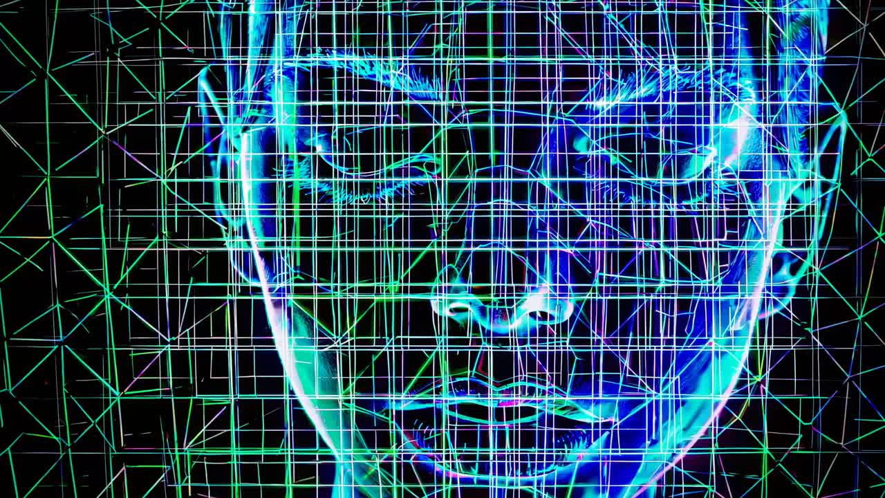 Futuristic digital face with wireframe lines, viewed from a frontal angle, showcasing a high-tech