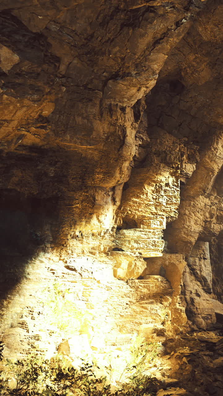 Interno di una grotta con luce che illumina la superficie rocciosa e le piante.